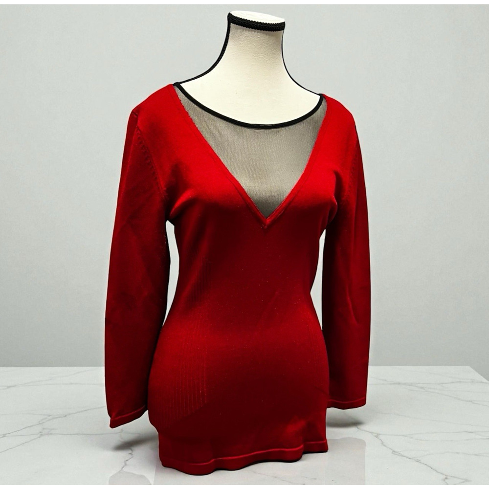 Cache Red Ribbed Knit Black Sheer V Neck Sweater Women's Size Medium Holiday